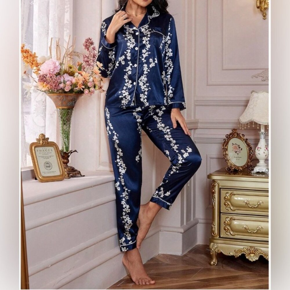 Floral Print Satin Top  & Pants PJ Set   Pyjama Set Blue